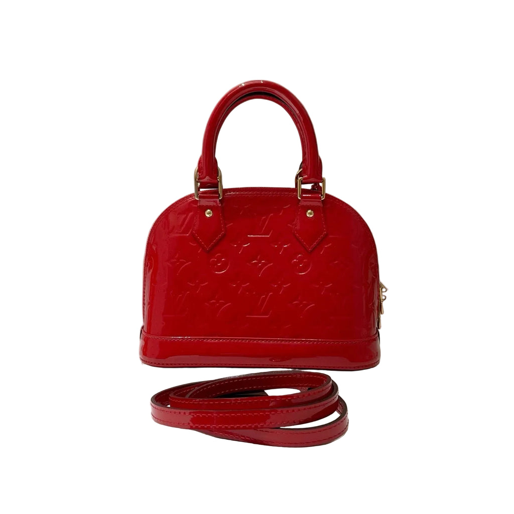 second hand authentic louis vuitton alma bb top handle bag with crossbody strap in red patent leather and gold hardware in very good condition