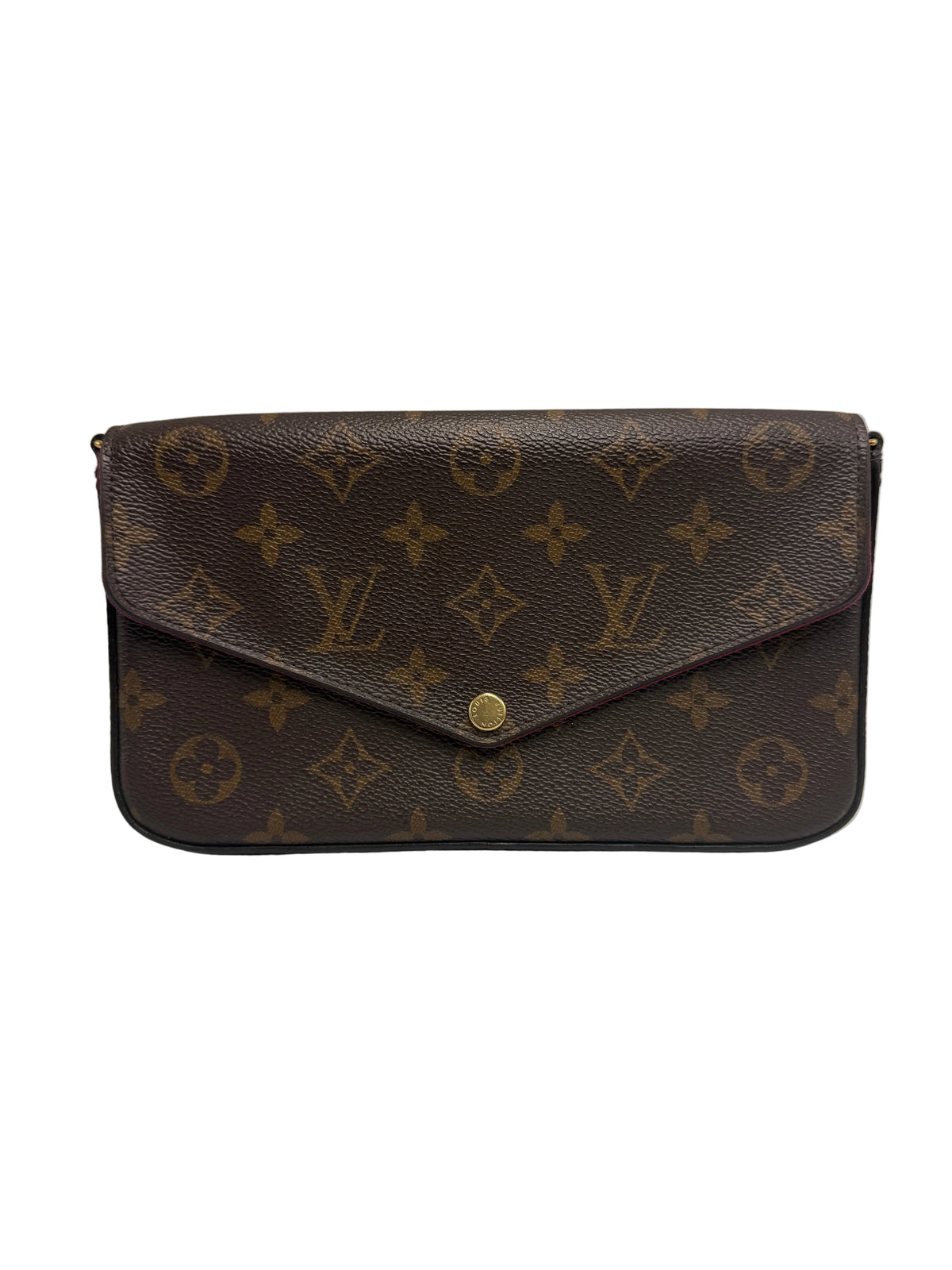 A Louis Vuitton monogram canvas clutch bag in dark brown with gold-tone hardware, photographed against a neutral light gray background.