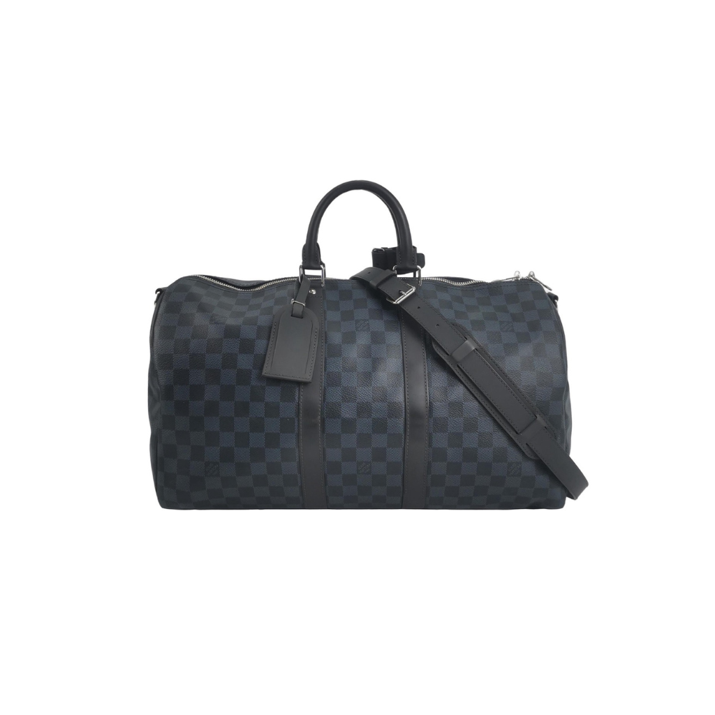 louis vuitton preloved black and blue authentic keepall 45 bondouliere crossbody strap in damier graphite in excellent condition for sale men's luxrury designer travel bag at discount price