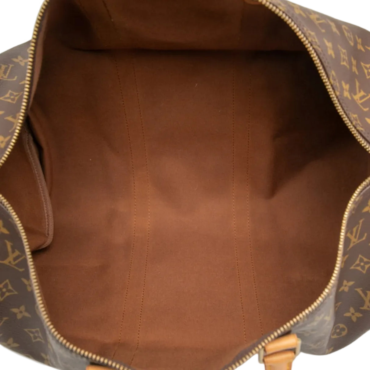The interior of a Louis Vuitton monogram duffel bag, showing a brown canvas lining and gold-tone zipper details.