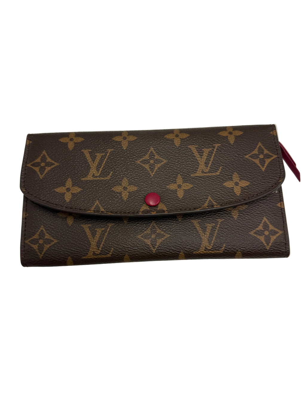 A Louis Vuitton monogram wallet in brown coated canvas with tan LV logos and floral motifs, featuring a small red snap button on the front flap and a red fabric pull tab on the right side, photographed on a plain light background.