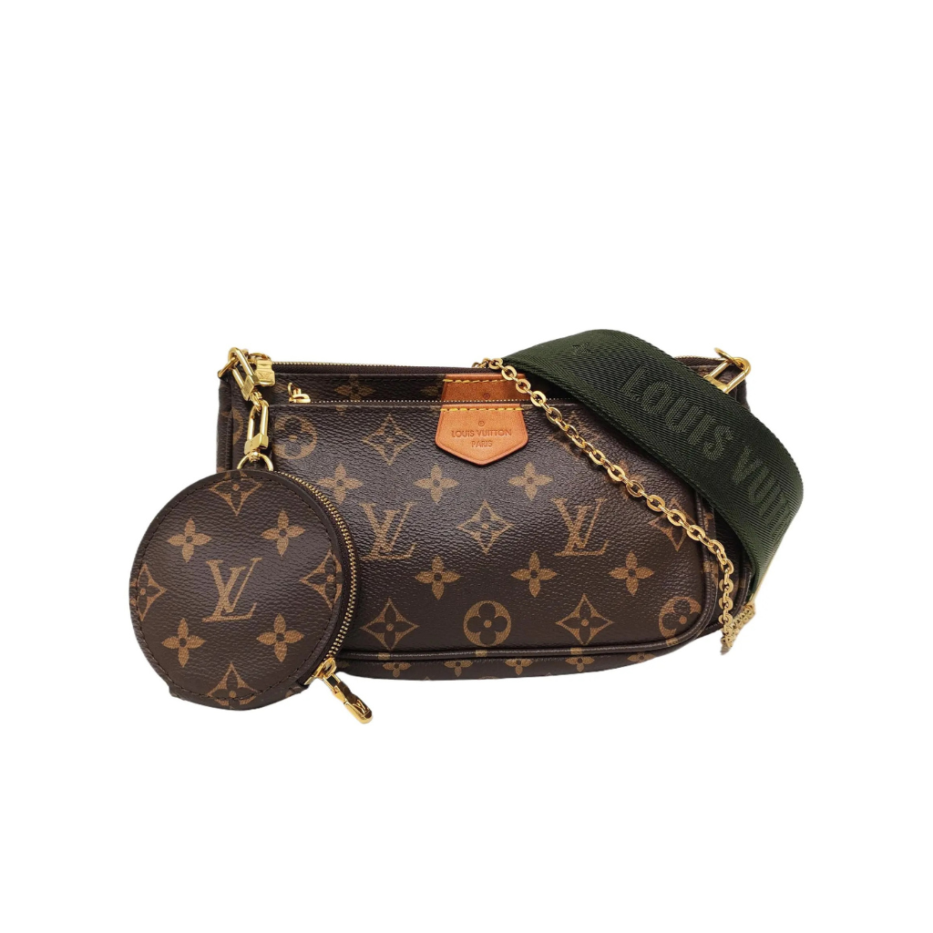 secondhand authentic Louis Vuitton handbag with monogram pattern and green crossbody strap and in great condition for sale 