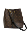 A Louis Vuitton monogram canvas bucket bag in dark brown with gold-tone hardware, featuring a black leather shoulder strap and drawstring closure.