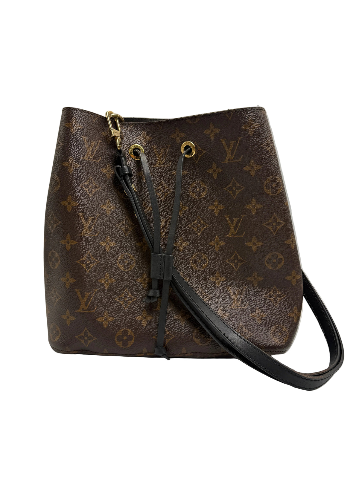 A Louis Vuitton monogram canvas bucket bag in dark brown with gold-tone hardware, featuring a black leather shoulder strap and drawstring closure.