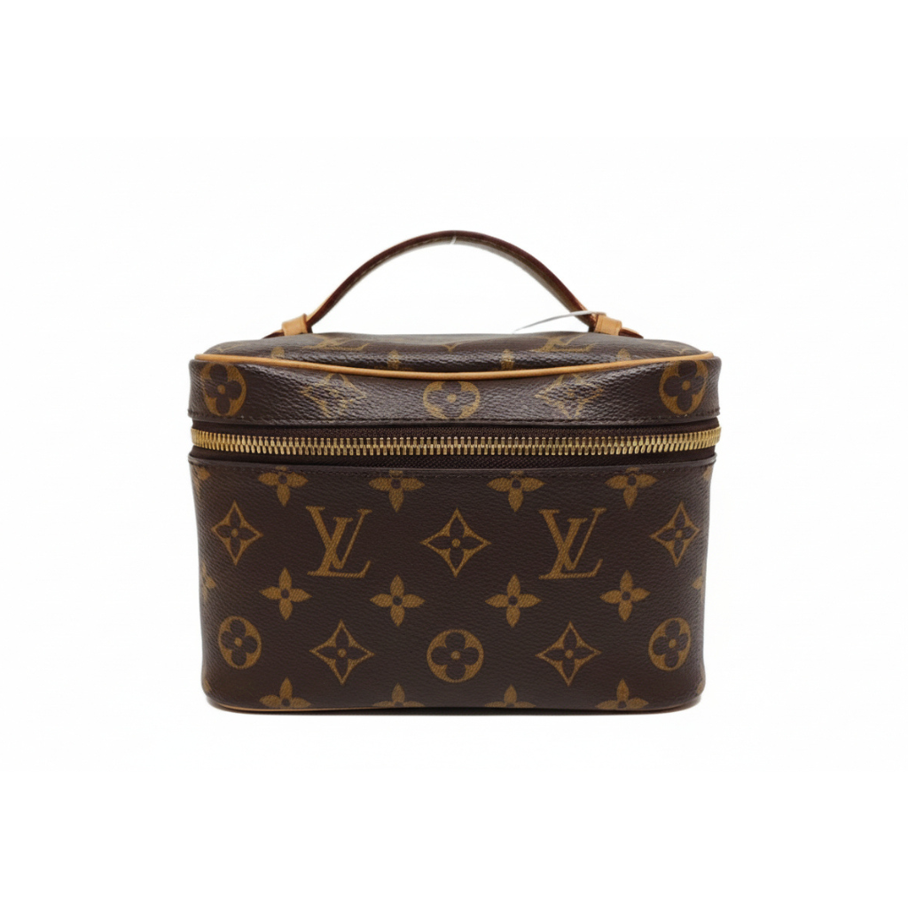 preowned authentic Louis Vuitton monogram patterned cosmetic vanity case in monogram  with zipper with top handle 
