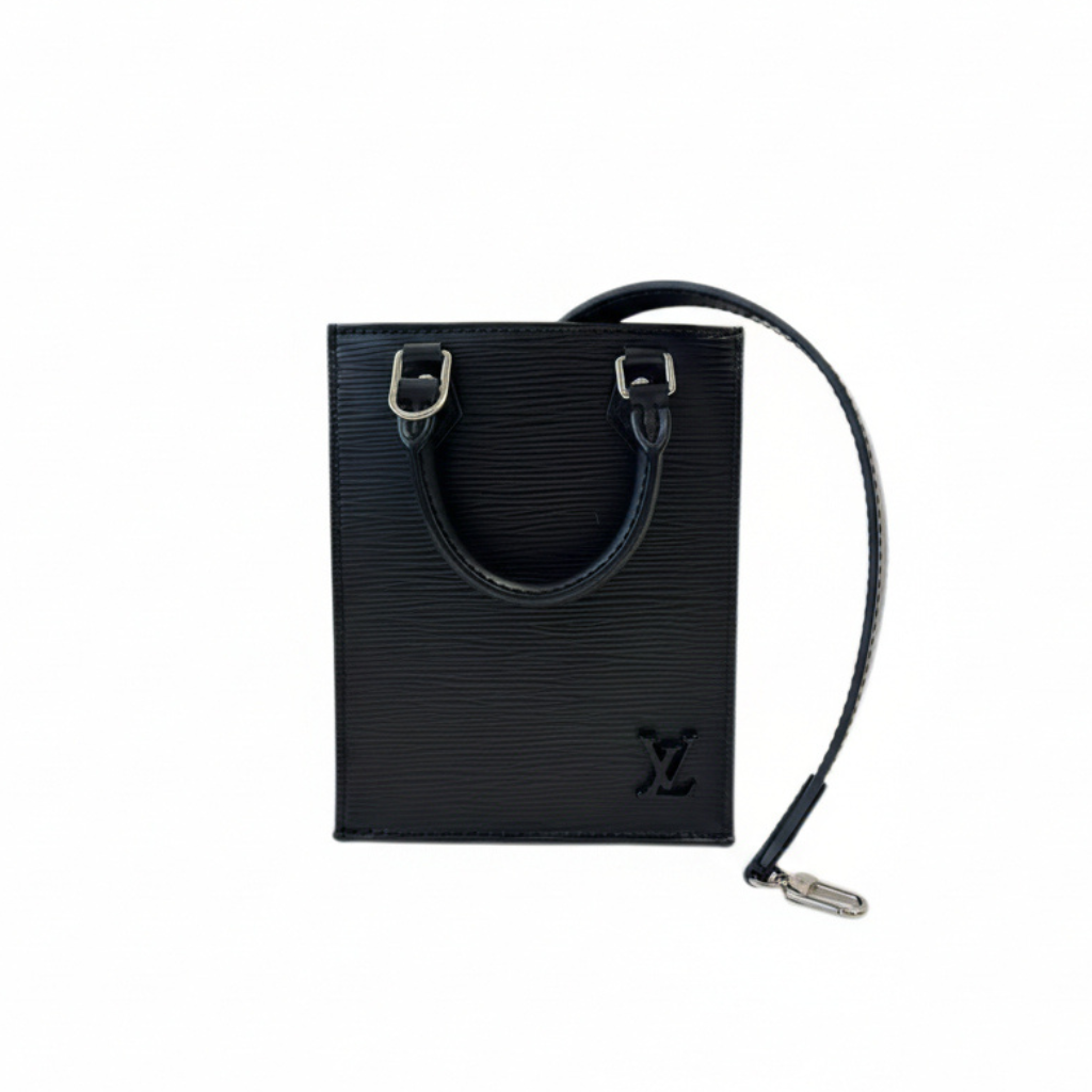 preowned louis vuitton petit sac plat tote crossbody bag in black epi leather in excellent condition