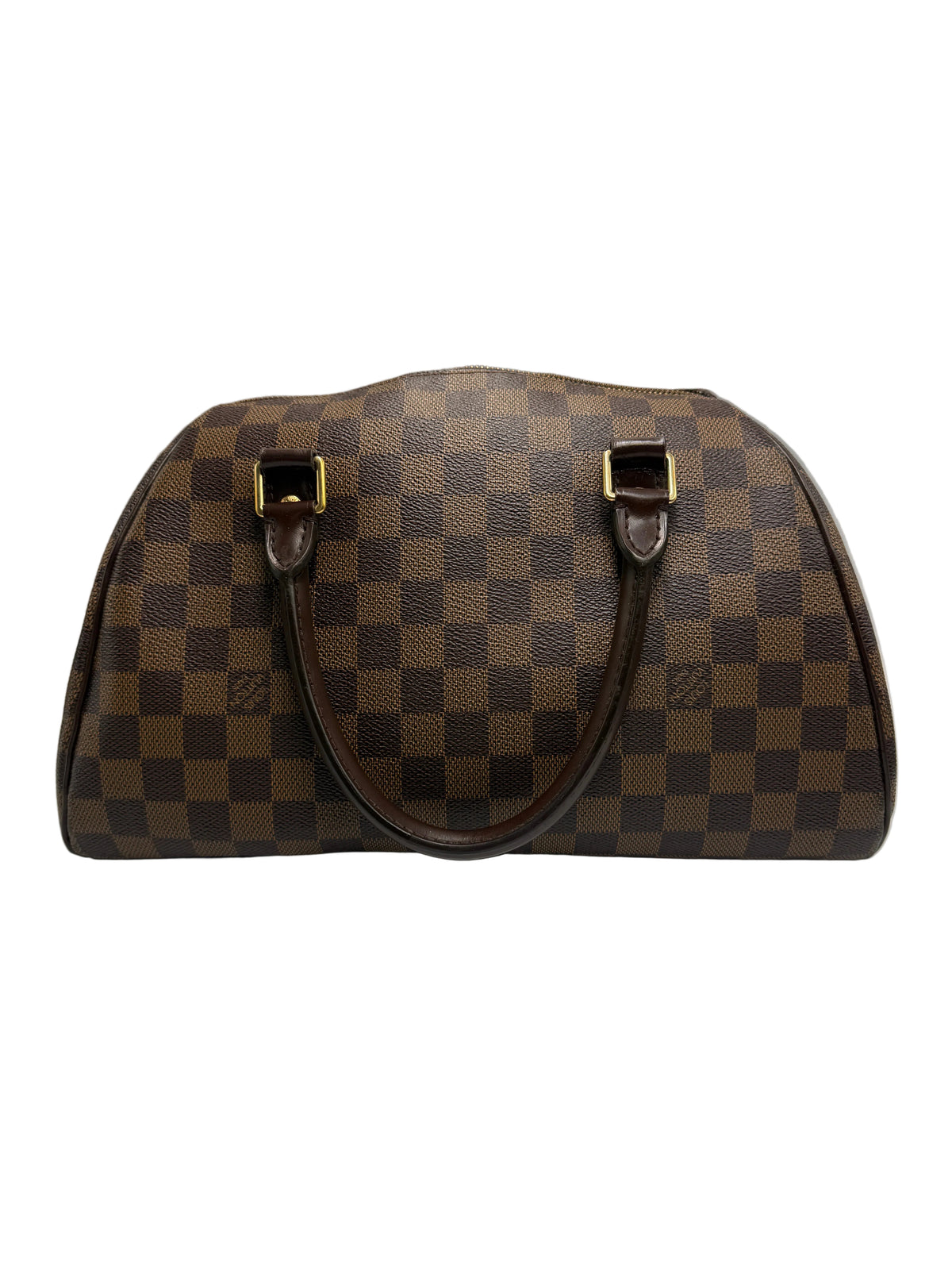 A brown checkered leather handbag with gold-tone hardware and dark brown handles, photographed against a neutral gray background.