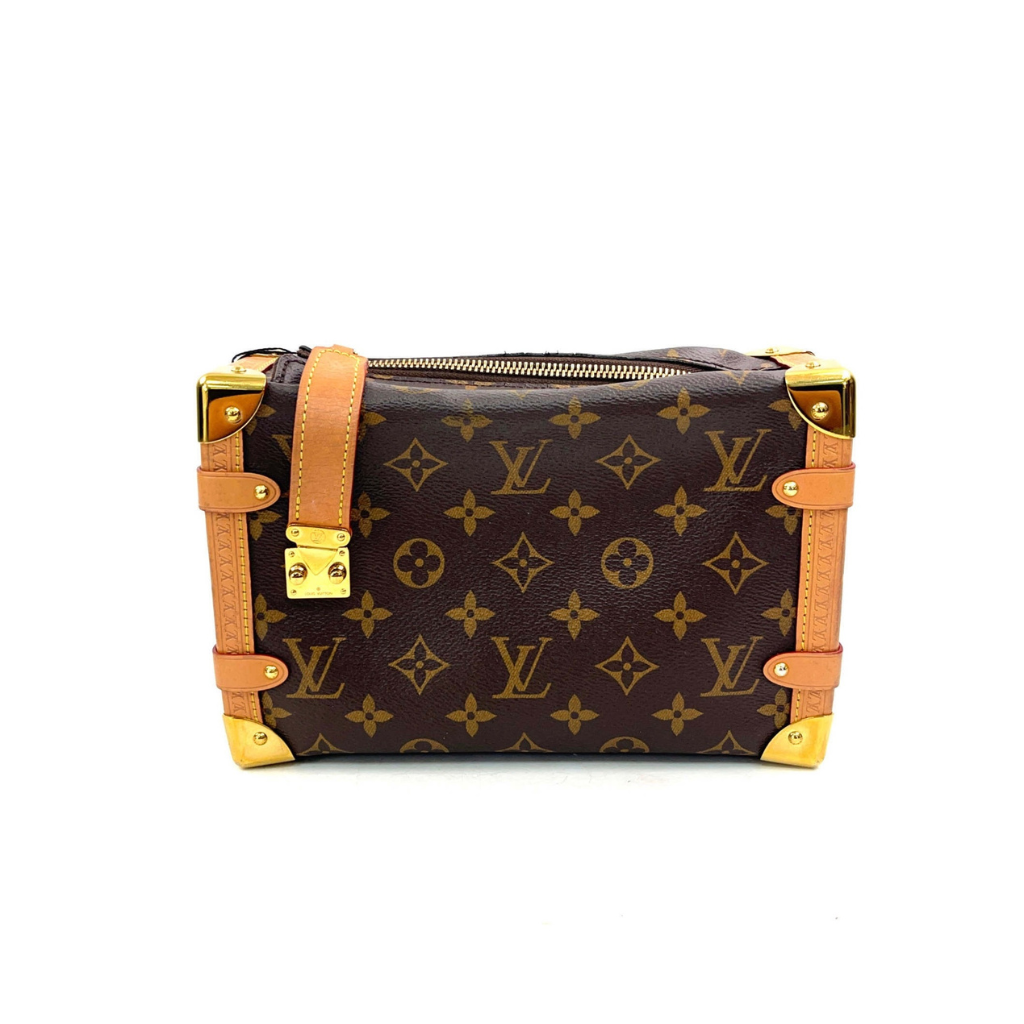 Louis Vuitton suitcase soft trunk clutch bag with monogram pattern and patina vachetta leather and gold hardware and zipper closure in very good condition for sale preloved luxury designer bag 
