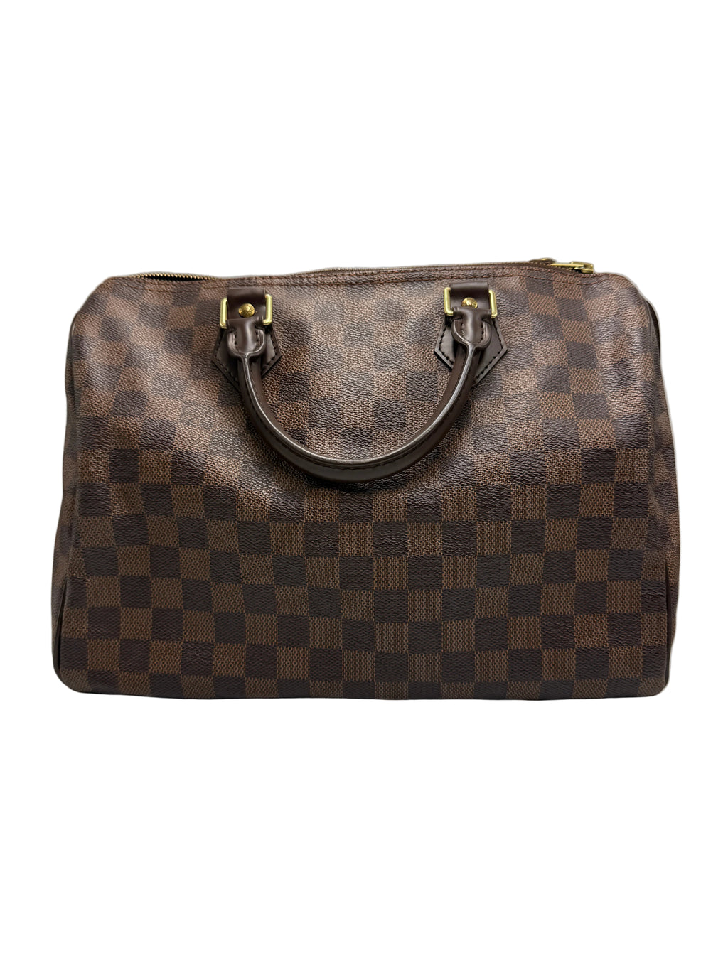 A brown checkered leather handbag with dark brown handles and gold-tone hardware, photographed against a neutral gray background.