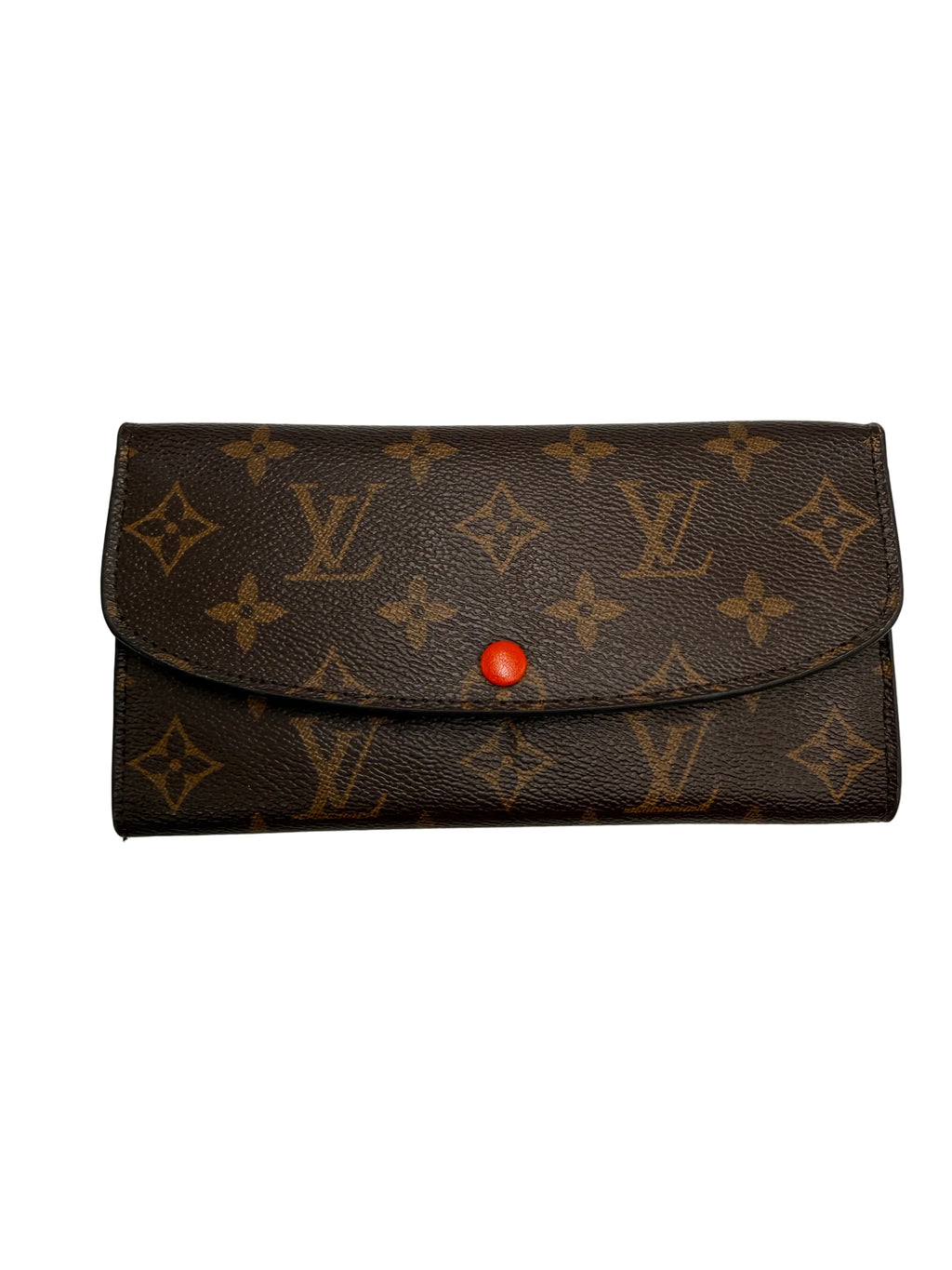 A Louis Vuitton monogram canvas long wallet or card holder with a brown leather texture, tan monogram pattern, and a small red snap button closure, shown on a plain light gray background.