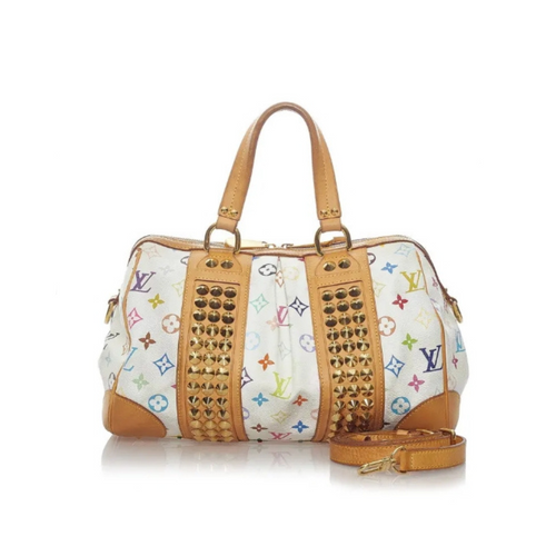 Louis Vuitton x Takashi Murakami White Monogram Multicolor Courtney bag with gold-tone pyramid studs and top handles