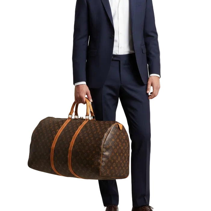 A person in black trousers and a gray sweater holds a brown Louis Vuitton monogram duffel bag with tan leather handles against a plain light background.