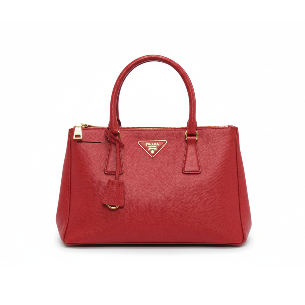 Front view of a red Prada Saffiano Lux Galleria tote bag featuring gold-tone hardware and double top handles.