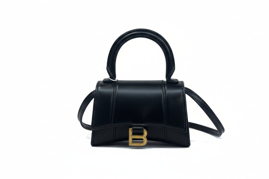 preloved authentic balenciaga black leather hourglass xs mini crossbody bag with tophandle and gold hardware  for sale discount price designer gigt