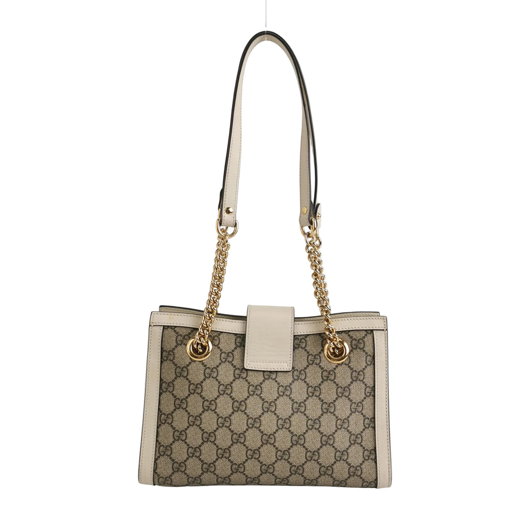 preowned gucci gg canvas with white leather and gold hardware shoulder strap in great condition 