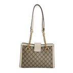 preowned gucci gg canvas with white leather and gold hardware shoulder strap in great condition 