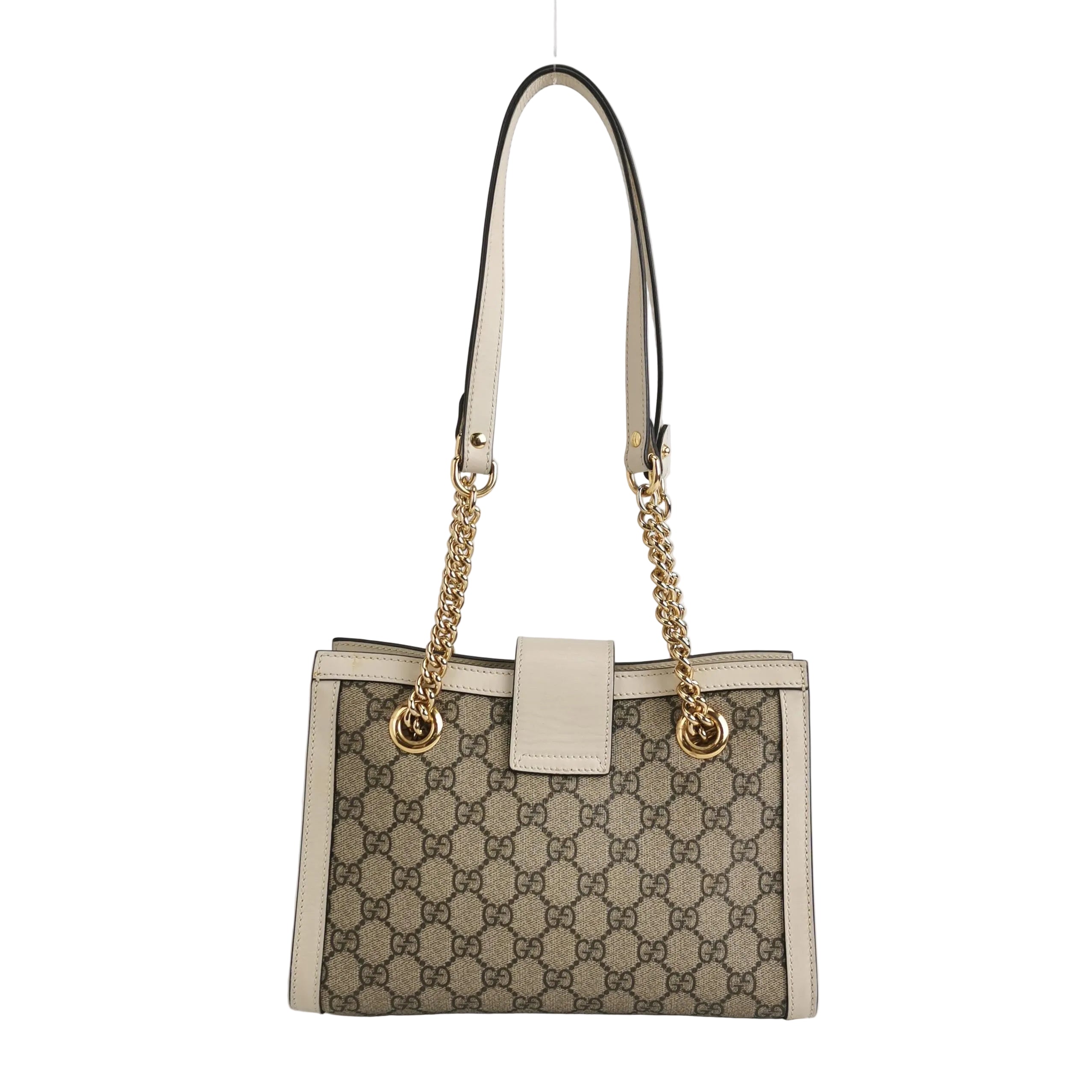preowned gucci gg canvas with white leather and gold hardware shoulder strap in great condition 