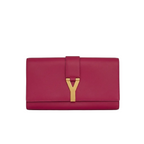 Front view of a fuchsia red Saint Laurent Ligne Y clutch featuring the gold-tone Y-shaped clasp