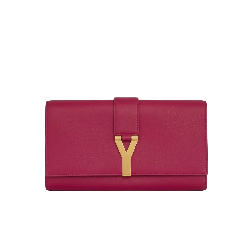 Front view of a fuchsia red Saint Laurent Ligne Y clutch featuring the gold-tone Y-shaped clasp