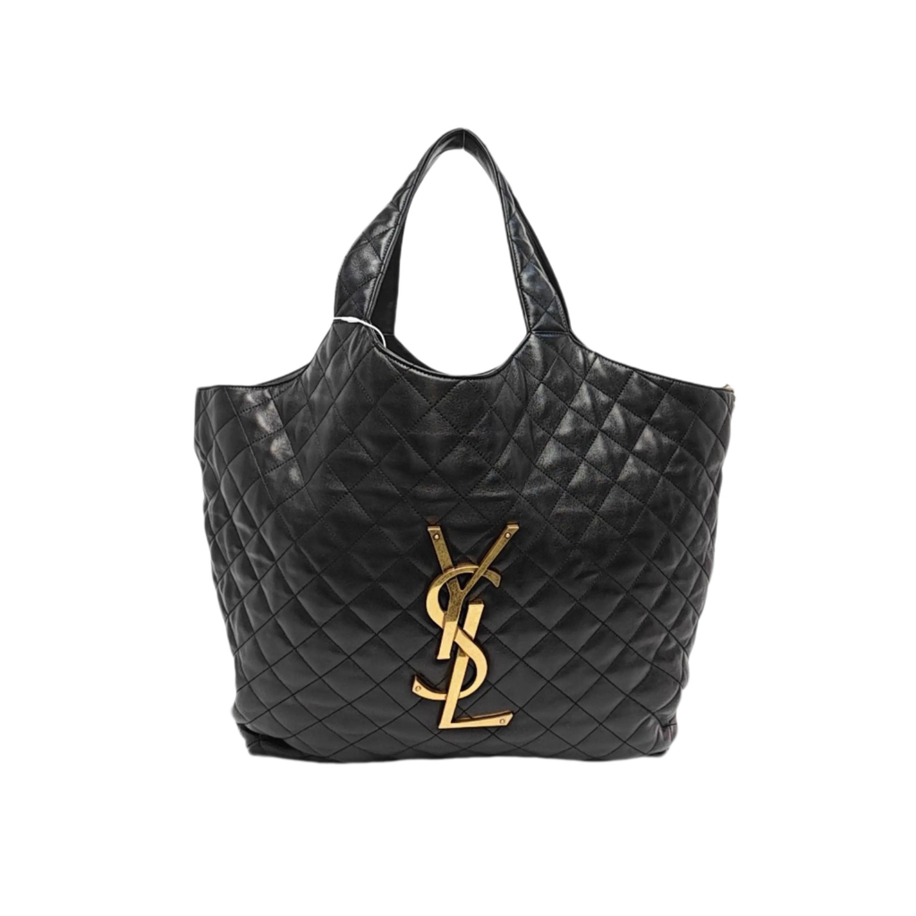 preowned authentic ysl black leather tote bag with ysl gold logo in the front in very good condition for sale 