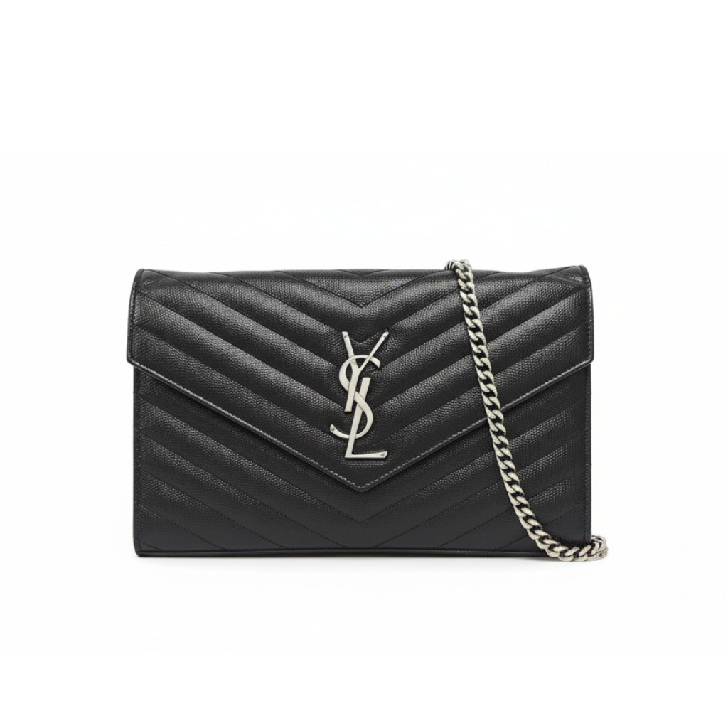 ysl black matelass with silver hardware wallet on chain crossbody bag in very good condition for sale 