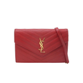 athentic secondhand saint laurent red wallet on chain in grain de pourdre leather and ysl gold logo in excellent condition with crossbody strap for sale 