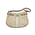 Front view of a vintage Coach Madison shoulder bag in white leather with a vertical lizard-embossed stripe and silver double-C hardware.