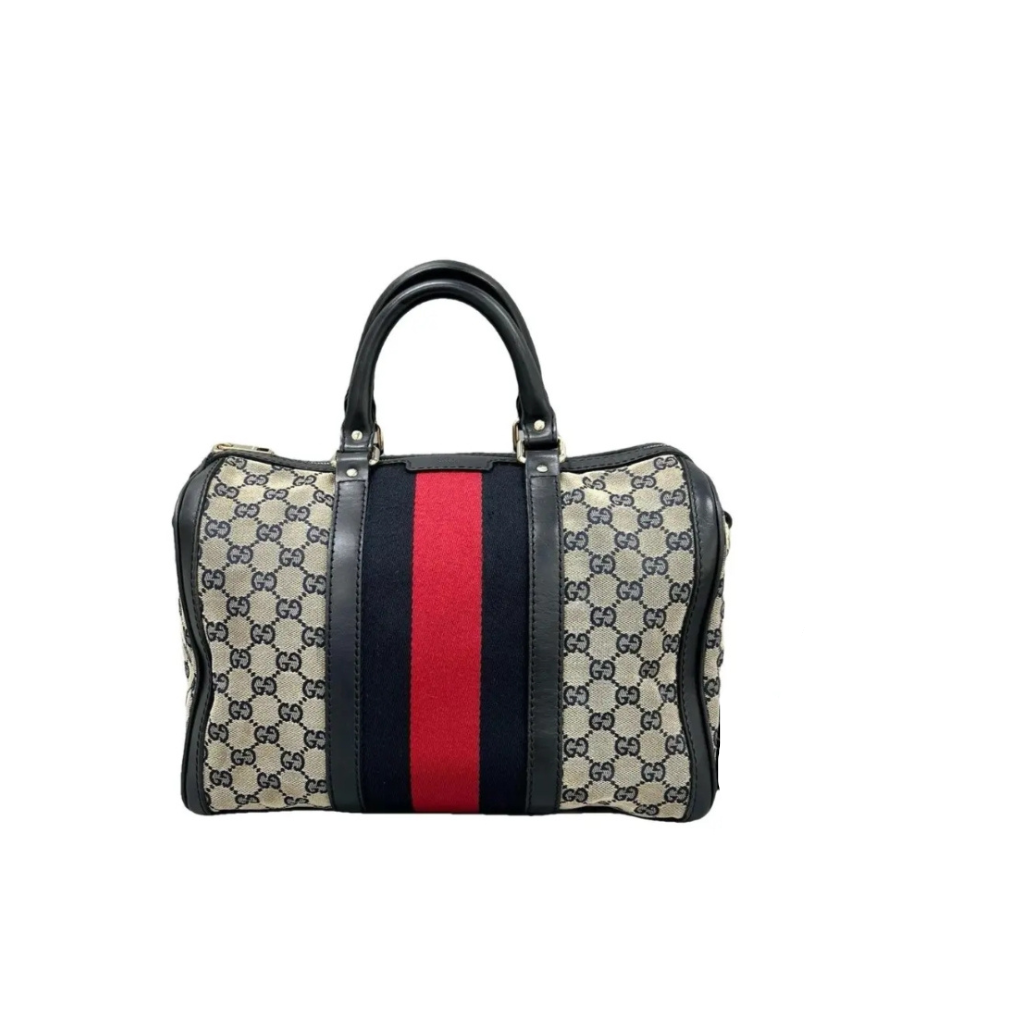 Gucci Vintage Web Boston Bag – Navy GG Canvas – Authentic Pre-owned Sherry Line Satchel