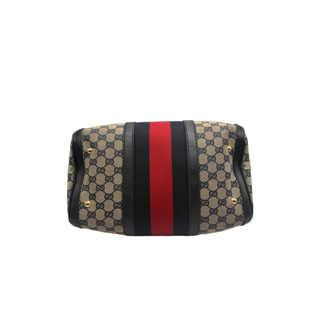 Gucci Vintage Web Boston Bag – Navy GG Canvas – Authentic Pre-owned Sherry Line Satchel