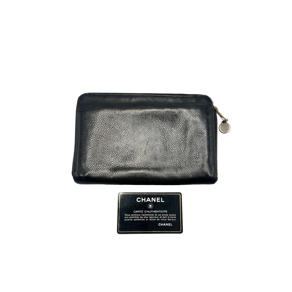 Chanel CC Filigree Zip Around Wallet Black Caviar Leather
