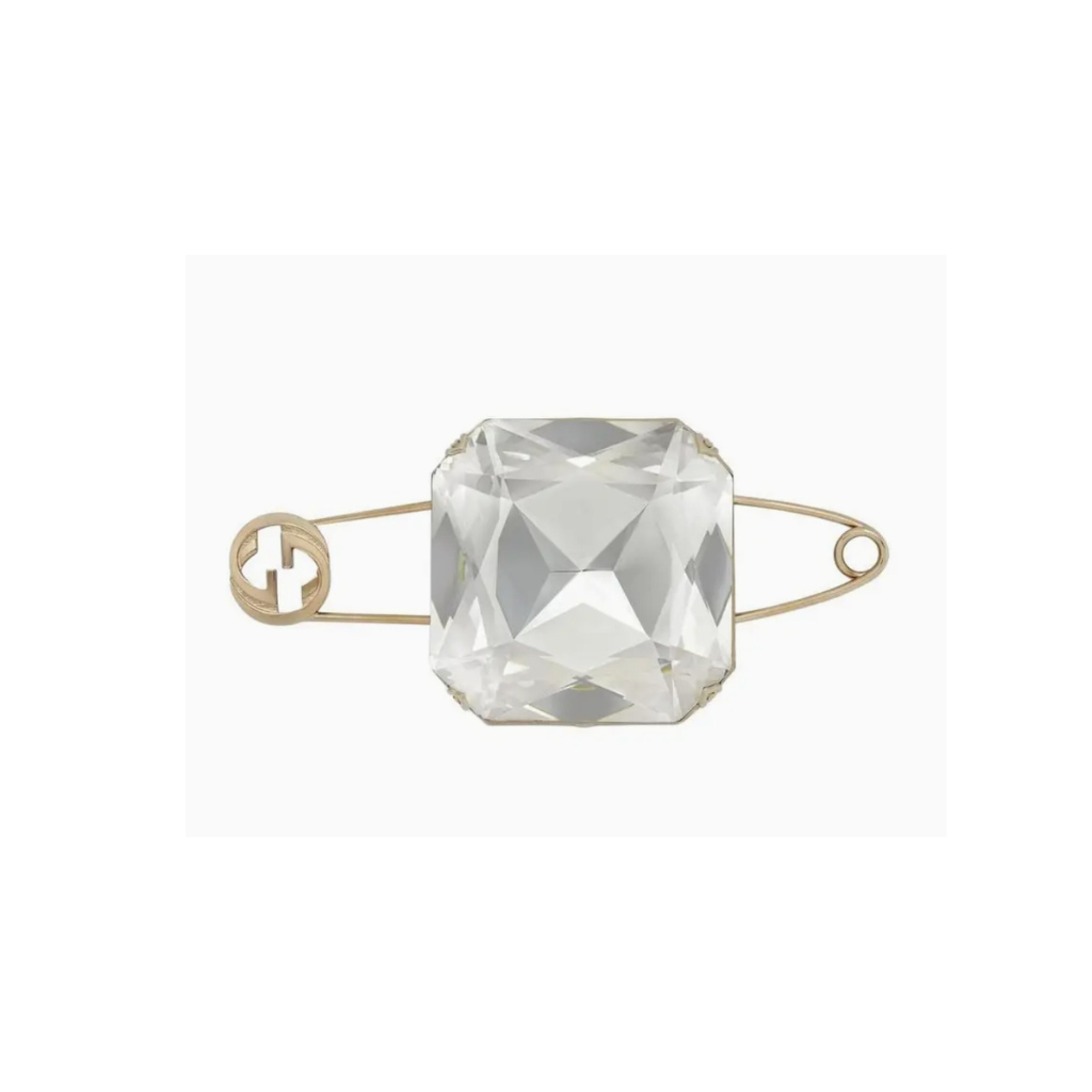 Gucci Crystal Safety Pin Brooch Gold-Tone Metal