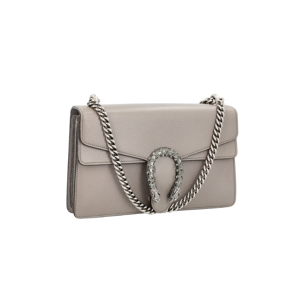 Gucci Dionysus Medium Shoulder Bag in Taupe Grained Leather with Crystal Tiger Head Closure