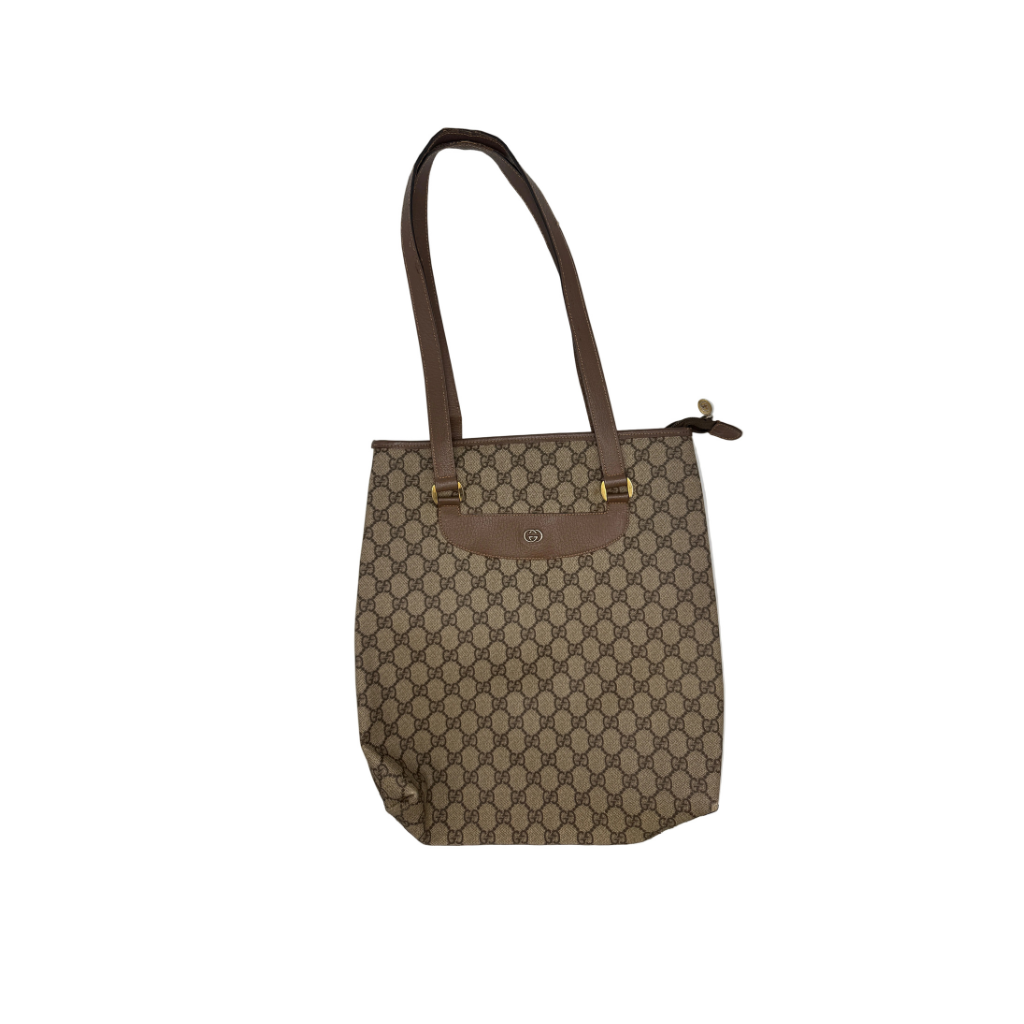 Gucci Vintage GG Supreme Canvas Tote Bag in Beige/Ebony with Brown Leather Trim