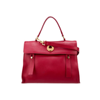 Front view of a red Yves Saint Laurent Muse Two bag with brass hardware and a top handle.